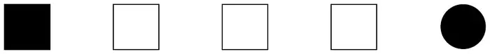 Five shapes: a black square, three white squares and a black circle