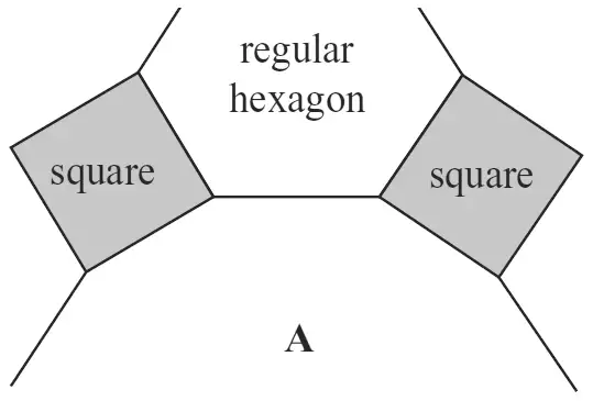 Part of a tiling pattern: a regular hexagon between two squares, with polygon A below