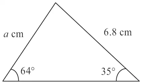 Triangle with sides a cm and 6.8 cm and base angles 64 degrees and 35 degrees