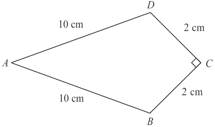 Kite ABCD with AB = AD = 10 cm, CB = CD = 2 cm and a right angle at C