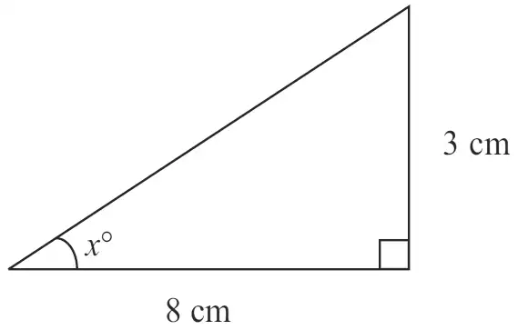 Right-angled triangle with base 8 cm, vertical side 3 cm and angle x degrees opposite the 3 cm side