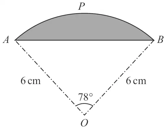 Sector OAPB with radii OA and OB of 6 cm, angle AOB = 78 degrees, chord AB and the segment APB shaded