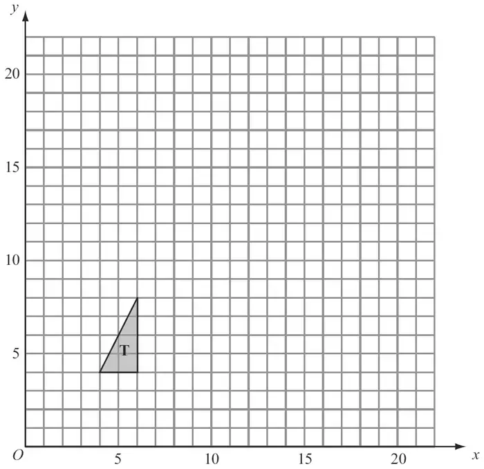 Grid with x and y from 0 to 22 showing triangle T with vertices (4, 4), (6, 4) and (6, 8)