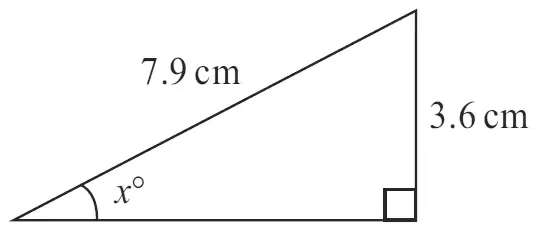 Right-angled triangle with hypotenuse 7.9 cm, side 3.6 cm opposite the angle x degrees