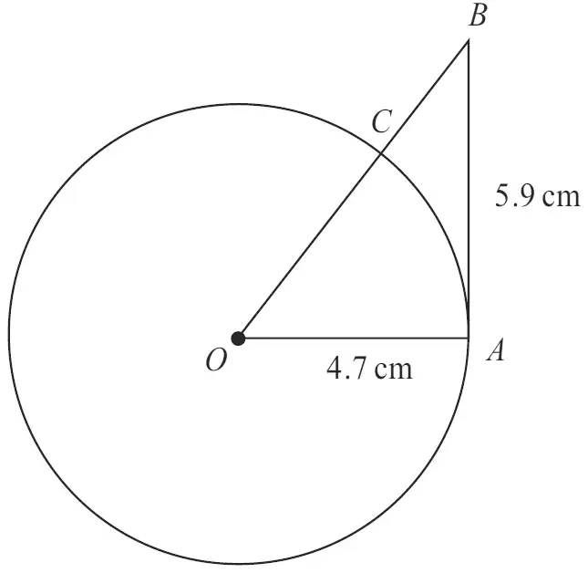 Circle centre O with radius OA = 4.7 cm, tangent AB = 5.9 cm at A, and OB crossing the circle at C
