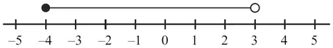 Number line from -5 to 5 with a filled circle at -4 joined to an open circle at 3