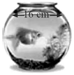 Photograph of a round fish bowl with the water surface diameter marked 16 cm