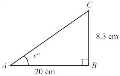 Triangle ABC right-angled at B with AB = 20 cm, BC = 8.3 cm and angle x at A