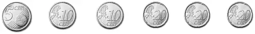 Six coins: one 5 cent, two 10 cent and three 20 cent coins