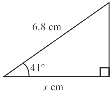 Right-angled triangle with hypotenuse 6.8 cm, angle 41 degrees and adjacent side x cm