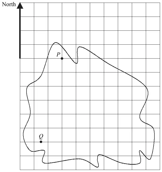 Map of an island on a centimetre grid with a North arrow; town P near the top left and town Q near the bottom left