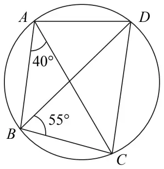 Cyclic quadrilateral ABCD with diagonals AC and BD; angle BAC = 40 degrees, angle DBC = 55 degrees