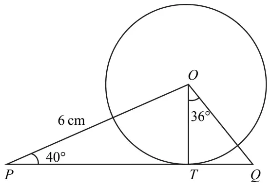 Circle centre O; tangent PTQ touching the circle at T; PO = 6 cm, angle OPT = 40 degrees, angle TOQ = 36 degrees