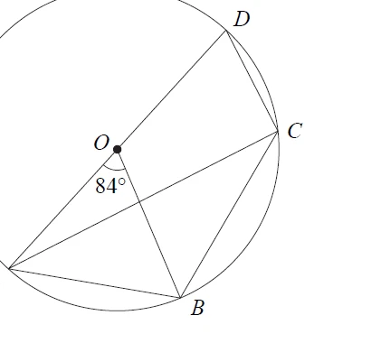 Circle with centre O; A, B, C and D on the circle; AOD is a diameter; angle AOB = 84 degrees; chords AB, AC, BC, CD and radius OB drawn