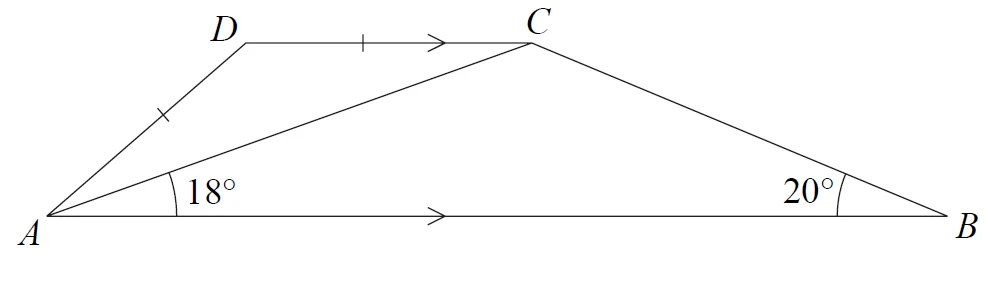 Trapezium ABCD with AB parallel to DC, AD = DC, diagonal AC; angle BAC = 18 degrees, angle ABC = 20 degrees