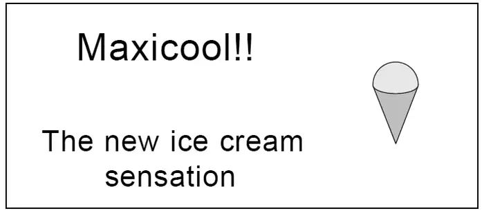 Advert box: Maxicool!! The new ice cream sensation, with a small picture of an ice cream cone
