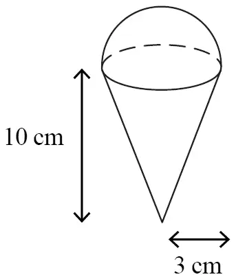 Cone of height 10 cm and base radius 3 cm with a hemisphere on top