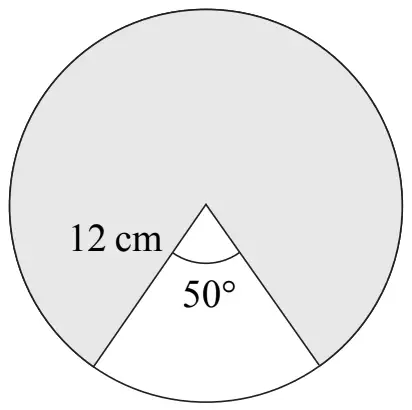 Circle of radius 12 cm with an unshaded sector of angle 50 degrees; the rest of the circle is shaded