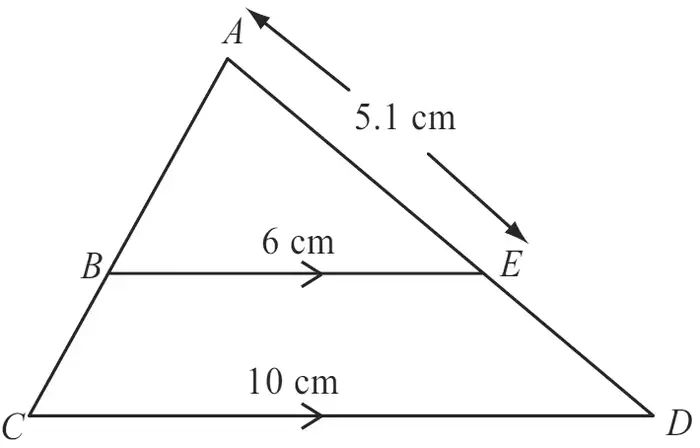Triangle ACD with B on AC and E on AD; BE = 6 cm parallel to CD = 10 cm; AE = 5.1 cm