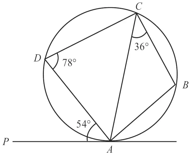 Cyclic quadrilateral ABCD with diagonal AC and tangent PA at A; angle PAD = 54, angle ACB = 36 and angle ADC = 78 degrees