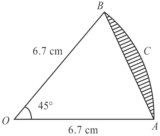 Sector OACB with OA = OB = 6.7 cm and angle AOB = 45 degrees; the segment between chord AB and arc ACB is shaded