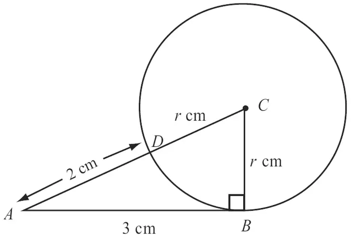 Circle centre C with radius r cm; tangent AB = 3 cm touching the circle at B; ADC a straight line with AD = 2 cm