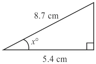 Right-angled triangle with hypotenuse 8.7 cm, base 5.4 cm and angle x degrees between them