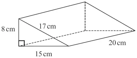 Triangular prism with right-angled triangle cross-section of sides 8 cm, 15 cm and 17 cm, and length 20 cm