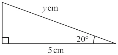 Right-angled triangle with base 5 cm, hypotenuse y cm and angle 20 degrees between them