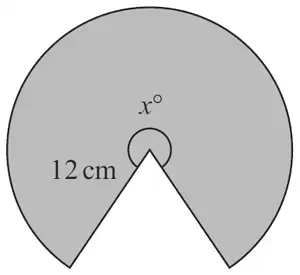 Shaded major sector of a circle of radius 12 cm with reflex angle x degrees at the centre