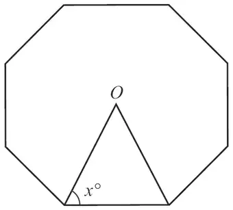 Regular octagon with centre O joined to the two ends of the bottom side, forming a triangle with base angle x degrees