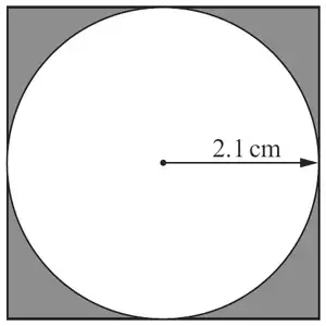 Circle of radius 2.1 cm inside a square touching all four sides; the corners outside the circle are shaded