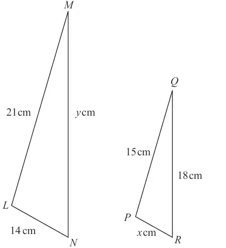 Two similar triangles: LMN with LM = 21 cm, MN = y cm, LN = 14 cm; PQR with PQ = 15 cm, QR = 18 cm, PR = x cm