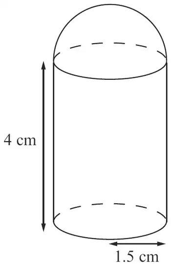 Cylinder of height 4 cm and radius 1.5 cm with a hemisphere on top