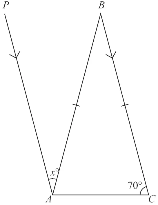 Isosceles triangle ABC with BA = BC; line PA parallel to BC; angle x between PA and AB at A; angle ACB = 70 degrees