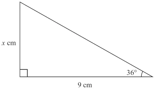 Right-angled triangle with base 9 cm, vertical side x cm and angle 36 degrees at the base opposite x