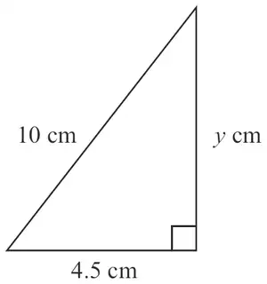 Right-angled triangle with hypotenuse 10 cm, base 4.5 cm and vertical side y cm