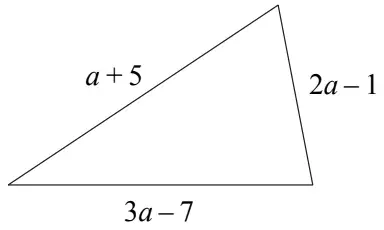 Triangle with sides labelled a + 5, 2a - 1 and 3a - 7