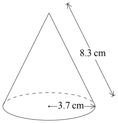 Solid cone with base radius 3.7 cm and slant height 8.3 cm