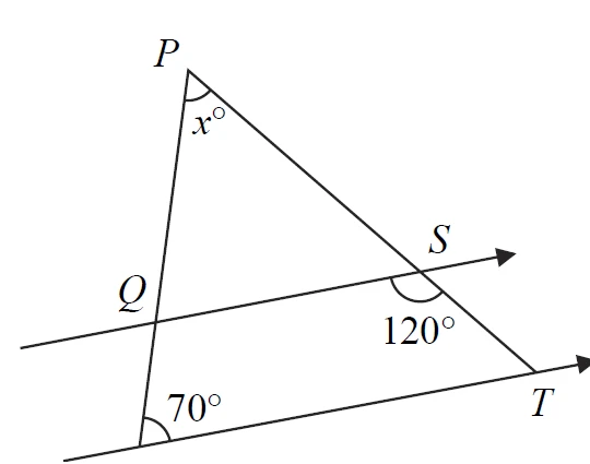 Triangle PRT with Q on PR and S on PT; QS parallel to RT; angle x at P, angle QRT = 70 degrees, angle QST = 120 degrees