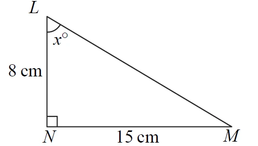 Right-angled triangle LMN with the right angle at N, LN = 8 cm, NM = 15 cm and angle x at L