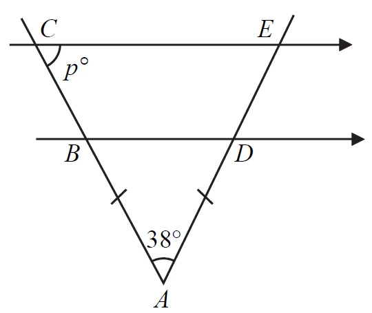 Triangle ACE with B on AC and D on AE; BD parallel to CE; AB = AD; angle BAD = 38 degrees; angle p at C between CE and CA