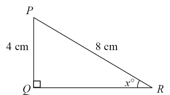 Right-angled triangle PQR with the right angle at Q, PQ = 4 cm, PR = 8 cm and angle x at R