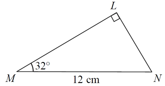 Right-angled triangle LMN with the right angle at L, MN = 12 cm and angle LMN = 32 degrees