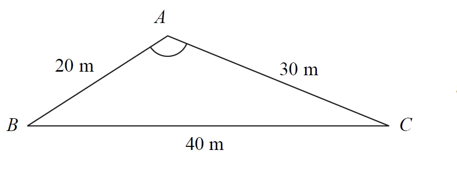 Triangle ABC with AB = 20 m, CA = 30 m, BC = 40 m and angle BAC marked
