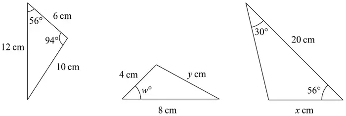 Three similar triangles: first with sides 12 cm, 6 cm, 10 cm and angles 56 and 94 degrees; second with sides 4 cm, 8 cm, y cm and angle w degrees; third with sides 20 cm and x cm and angles 30 and 56 degrees