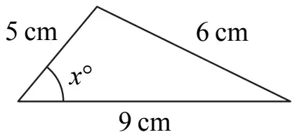 Triangle with sides 5 cm, 6 cm and 9 cm; angle x degrees between the 5 cm and 9 cm sides