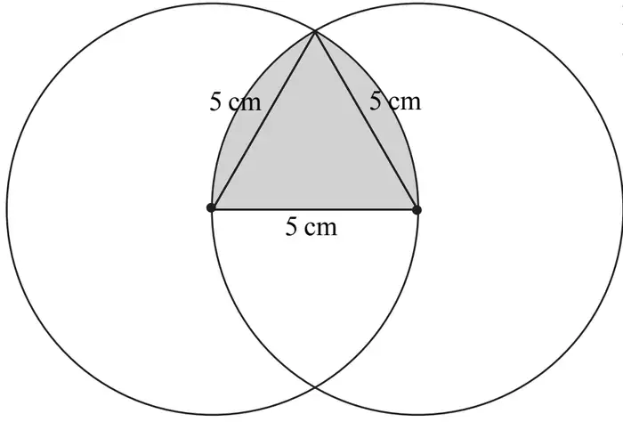 Two overlapping circles of radius 5 cm whose centres are 5 cm apart; the equilateral triangle formed by the two centres and an intersection point, together with the two circular segments on its slanted sides, is shaded