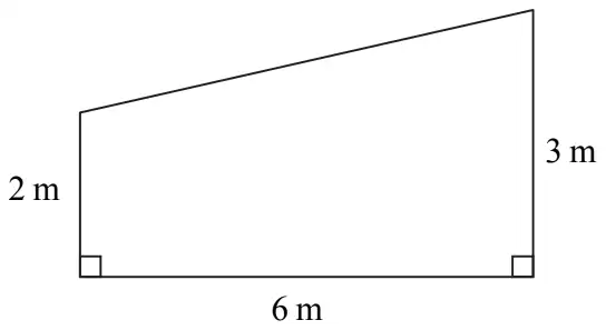 Wall in the shape of a trapezium: base 6 m, vertical sides 2 m and 3 m with right angles at the base