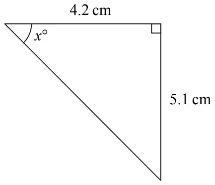 Right-angled triangle with horizontal side 4.2 cm, vertical side 5.1 cm and angle x degrees between the 4.2 cm side and the hypotenuse